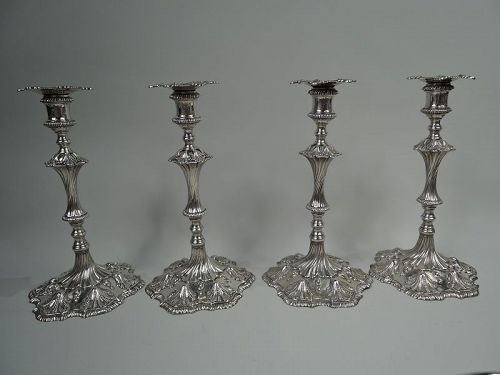 Set of 4 English Georgian Rococo Sterling Silver Candlesticks 1771