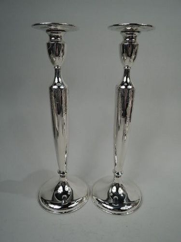 Pair of Tall American Edwardian Classical Sterling Silver Candlesticks