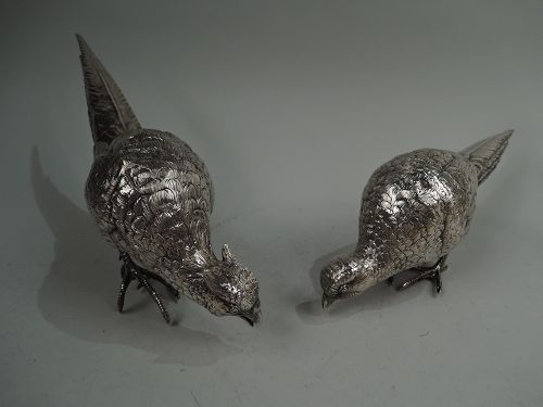 Pair of Antique German Silver Pheasant Game Birds