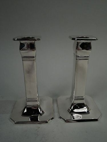 Pair of Tiffany Art Deco Classical Sterling Silver Pillar Candlesticks