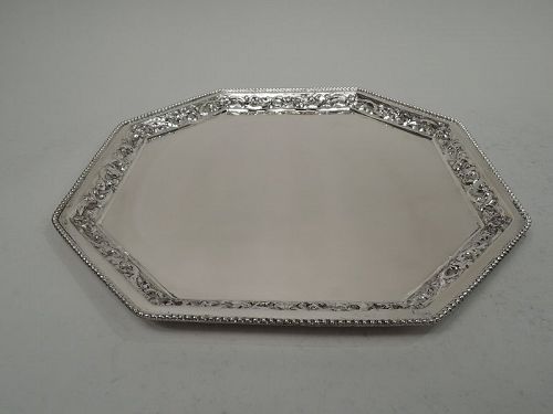 Pretty Classical Silver Octagonal Tray with Beading & Scrollwork
