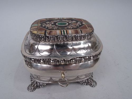 Antique European Biedermeier Classical Silver Box with Wood Marquetry