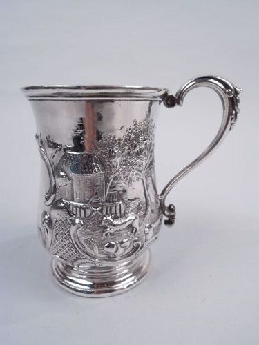 Ball, Black Classical Coin Silver Christening Mug with Rural Idyll