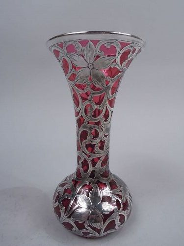 Alvin Art Nouveau Red Silver Overlay Vase