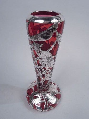 Antique American Art Nouveau Red Silver Overlay Vase