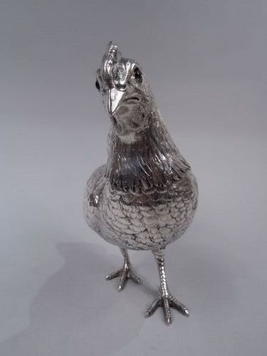 German Silver Barnyard Hen Spice Box with Funny, Flouncy Tail