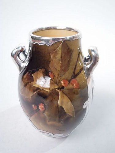 Rookwood Art Nouveau Craftsman Silver Overlay Holly Vase