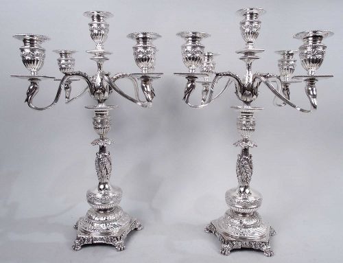 Pair of Magnificent Tiffany Sterling Silver 5-Light Candelabra C 1885