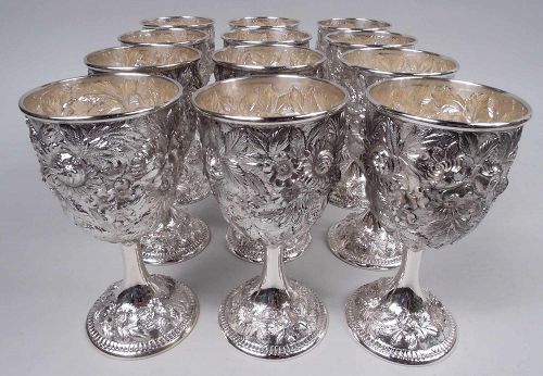 Set of 12 Antique Kirk Baltimore Repousse Sterling Silver Goblets