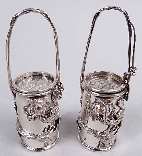 Pair of Antique Chinese Export Silver Hot & Spicy Dragon Mustard Pots