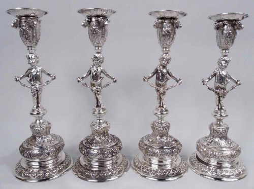 Set of 4 German Rococo Classical Silver Figural Candlesticks