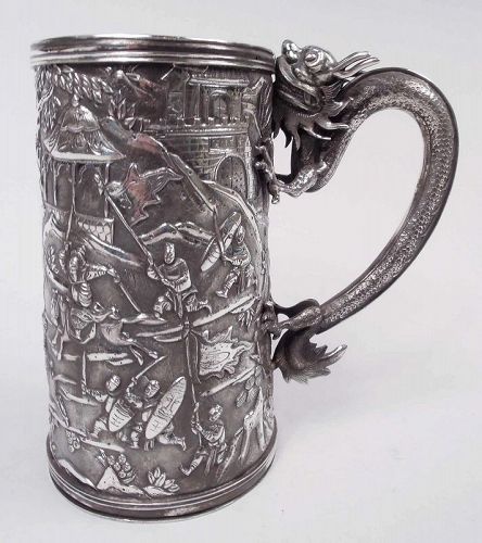 Antique Chinese Export Silver Battle Mug with Dragon Handle