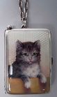 Antique European Silver and Enamel Sweet & Pretty Kitty Cat Compact