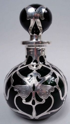 Large Gorham Art Nouveau Green Silver Overlay Cologne Bottle