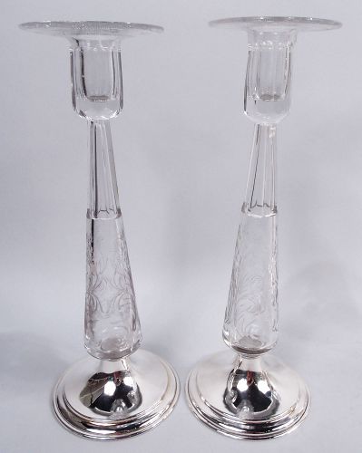 Pair of Antique Hawkes Edwardian Sterling Silver & Glass Candlesticks