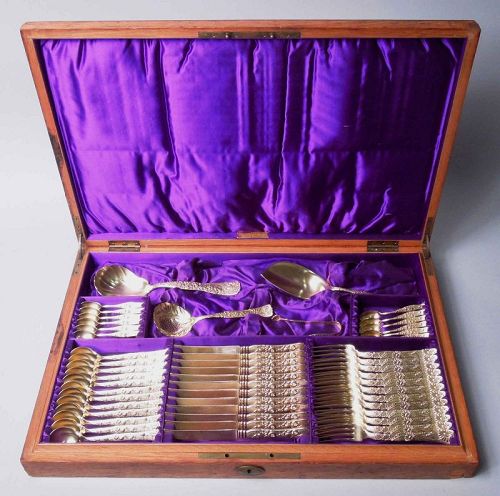 Antique Tiffany Vine Gilt Sterling Silver 52-Piece Dessert Set for