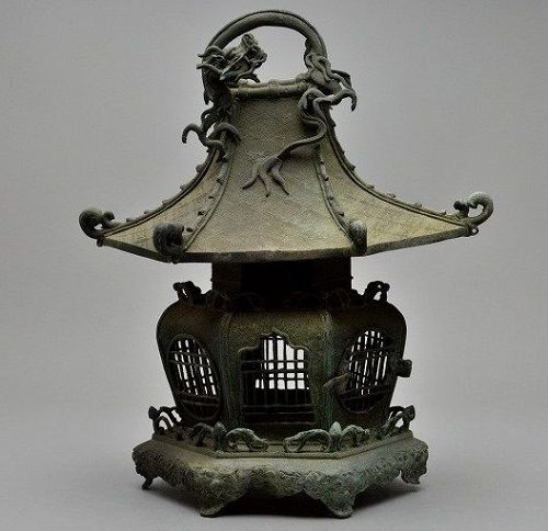 antique iron toro Japanese lantern basket metalwork  metal