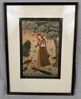 Indian School 19th C painting, Courtesan carrying a sitar in a garden