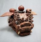 A karashishi wood mask, metal eyes and teeth (one of a pair)