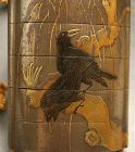 Fine Japanese lacquer inro, crows, ojime, 19th C