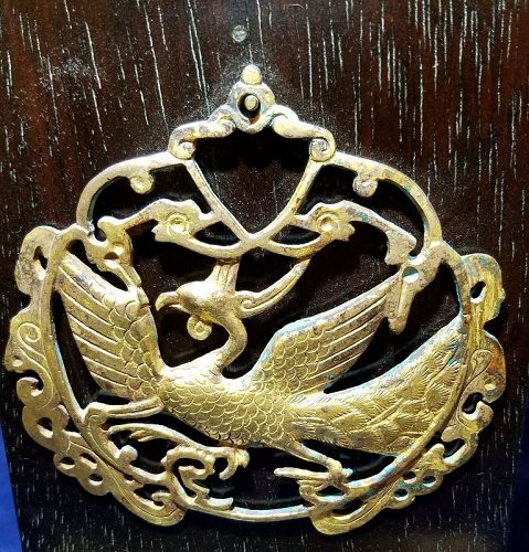 CHINESE LIAO DYNASTY LARGE GILT BRONZE PHOENIX PLAQUE