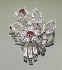 Platinum Diamond and Ruby Flower Bouquet Brooch