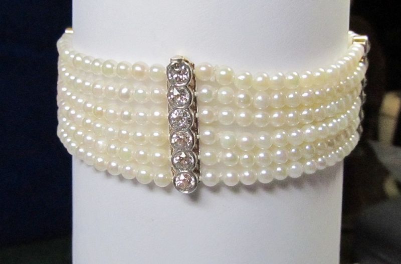 Six Strand Pearl and Diamond Bracelet