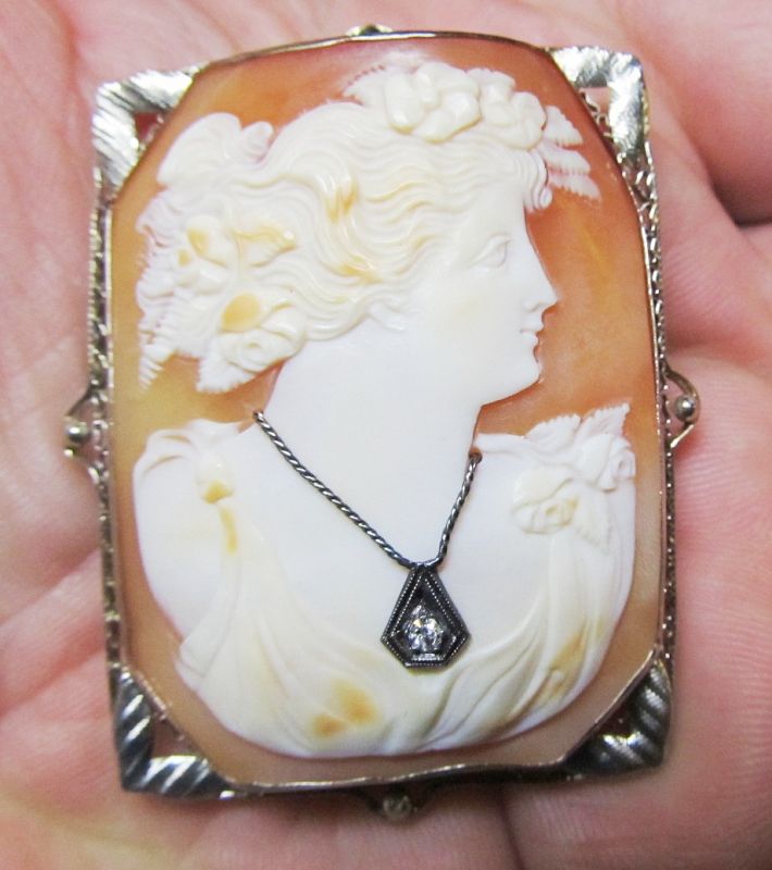 1920’s Shell Cameo in 14Kt White Gold with a Diamond