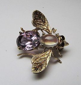 Amethyst, Moonstone 14Kt Bumble Bee Broach