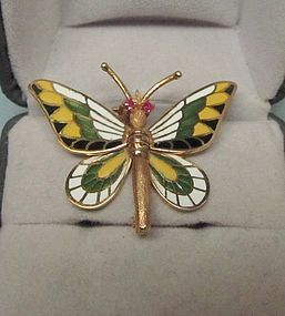 Movable Plique-a-jour 18Kt Gold Butterfly Broach