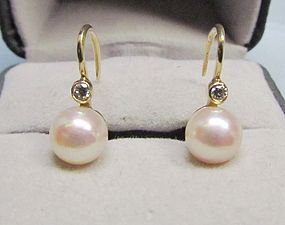 Cultured Pearl and Diamond 14Kt Gold Earrings