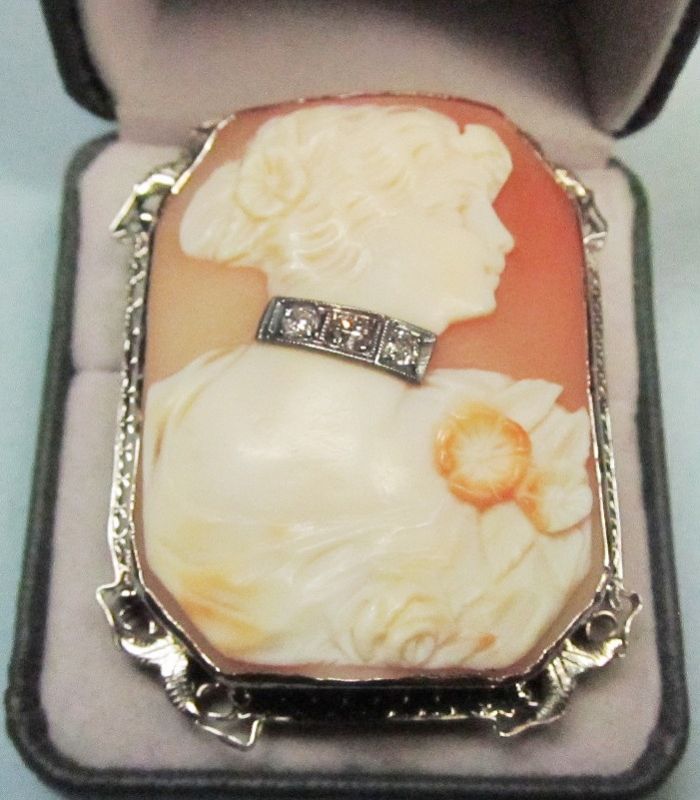 14Kt Gold Filigree Shell Cameo Brooch