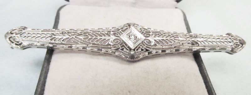 14Kt Gold Filigree Bar Pin with a Diamond