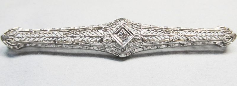 14Kt Gold Filigree Bar Pin with a Diamond