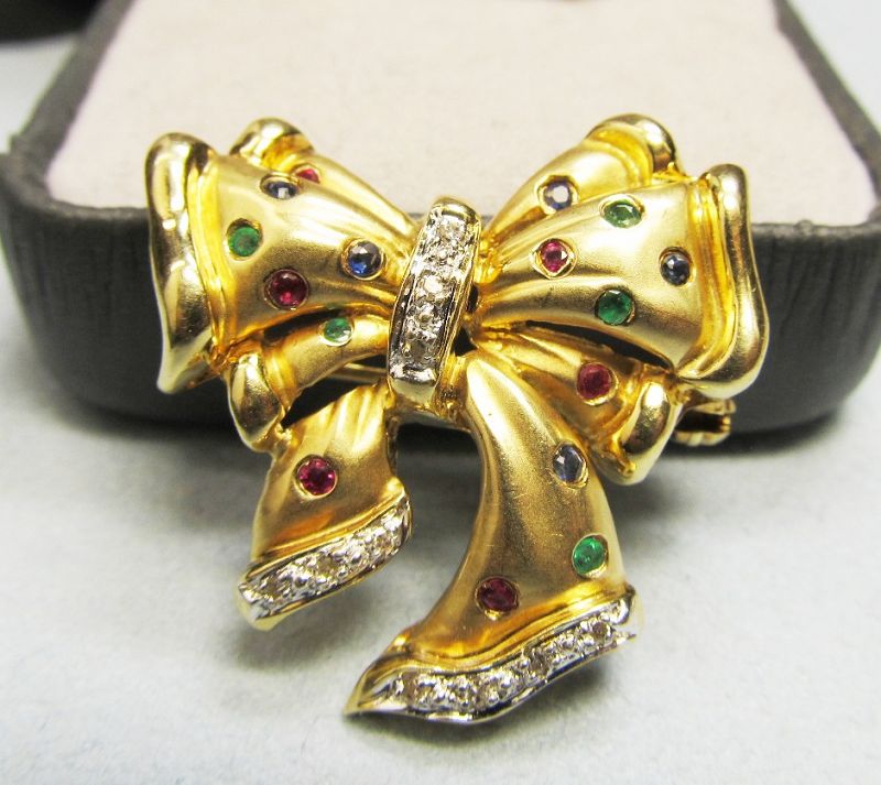 14Kt Bow Pin Rubies, Emeralds, Sapphires and Diamonds