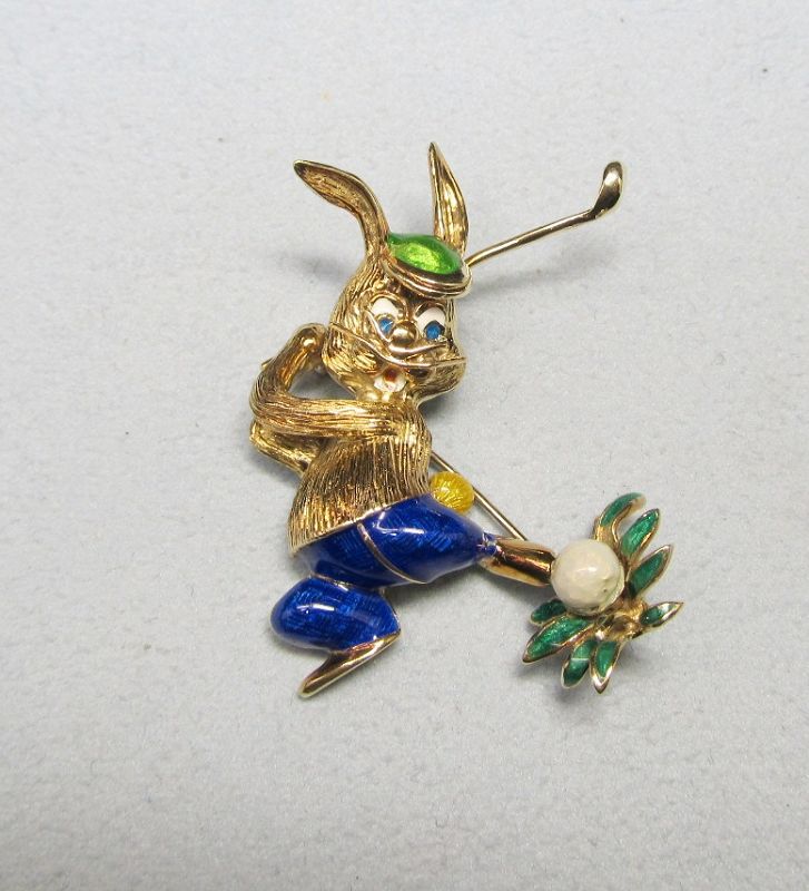 14Kt Gold Golfing Enameled Bunny Broach