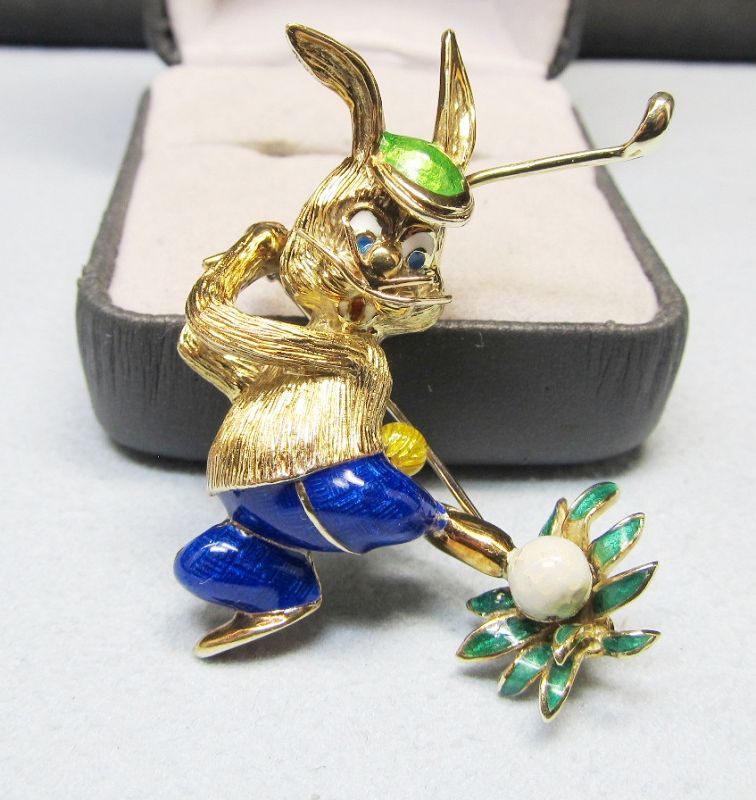 14Kt Gold Golfing Enameled Bunny Broach