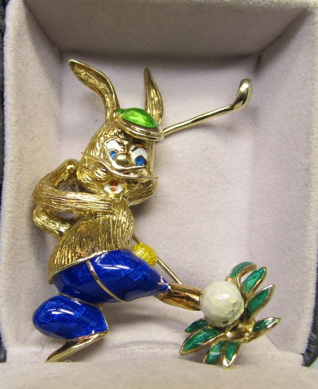 14Kt Gold Golfing Enameled Bunny Broach