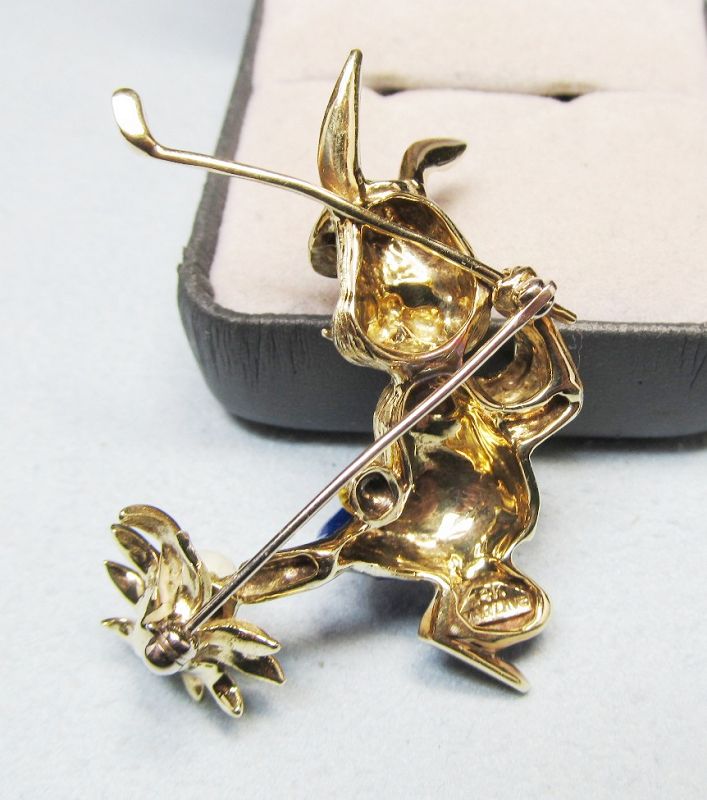 14Kt Gold Golfing Enameled Bunny Broach