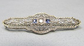 Sapphire and Diamond 14Kt White Gold Filigree Pin