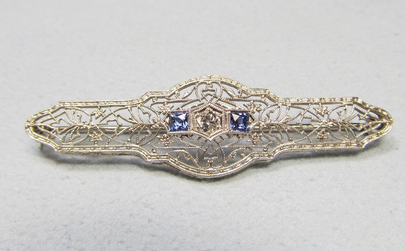 Sapphire and Diamond 14Kt White Gold Filigree Pin