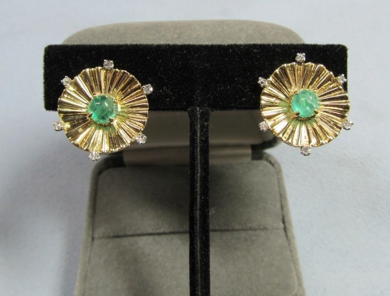 14Kt Yellow Gold Emerald and Diamond Earrings