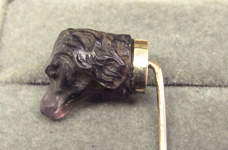 Carved Amethyst Dog's Head Stickpin