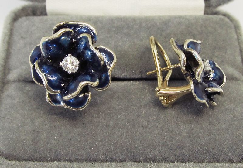 Enameled 14Kt Gold and Diamond Pansy Earrings
