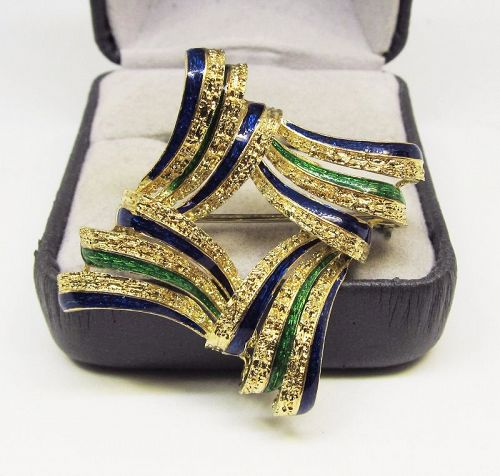 Blue and Green Enameled 18Kt Gold Broach