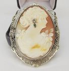 Cameo Broach in 14Kt White Gold Filigree Frame