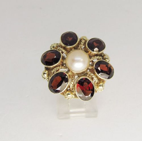 Garnet and Pearl Cluster Ring