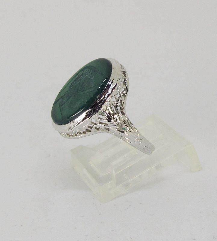 Filigree 14Kt White Gold Green Onyx Intaglio Ring