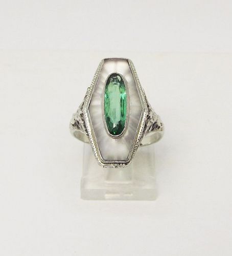 Art Deco Carved Crystal Filigree 14Kt Gold Ring