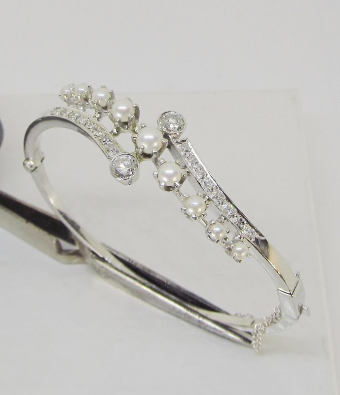 Pearl and Diamond 14Kt White Gold Bangle Bracelet